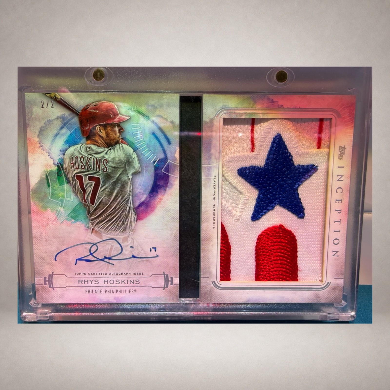 Open Rhys Hoskins Topps Inception autograph Phillies logo patch booklet numbered two of two