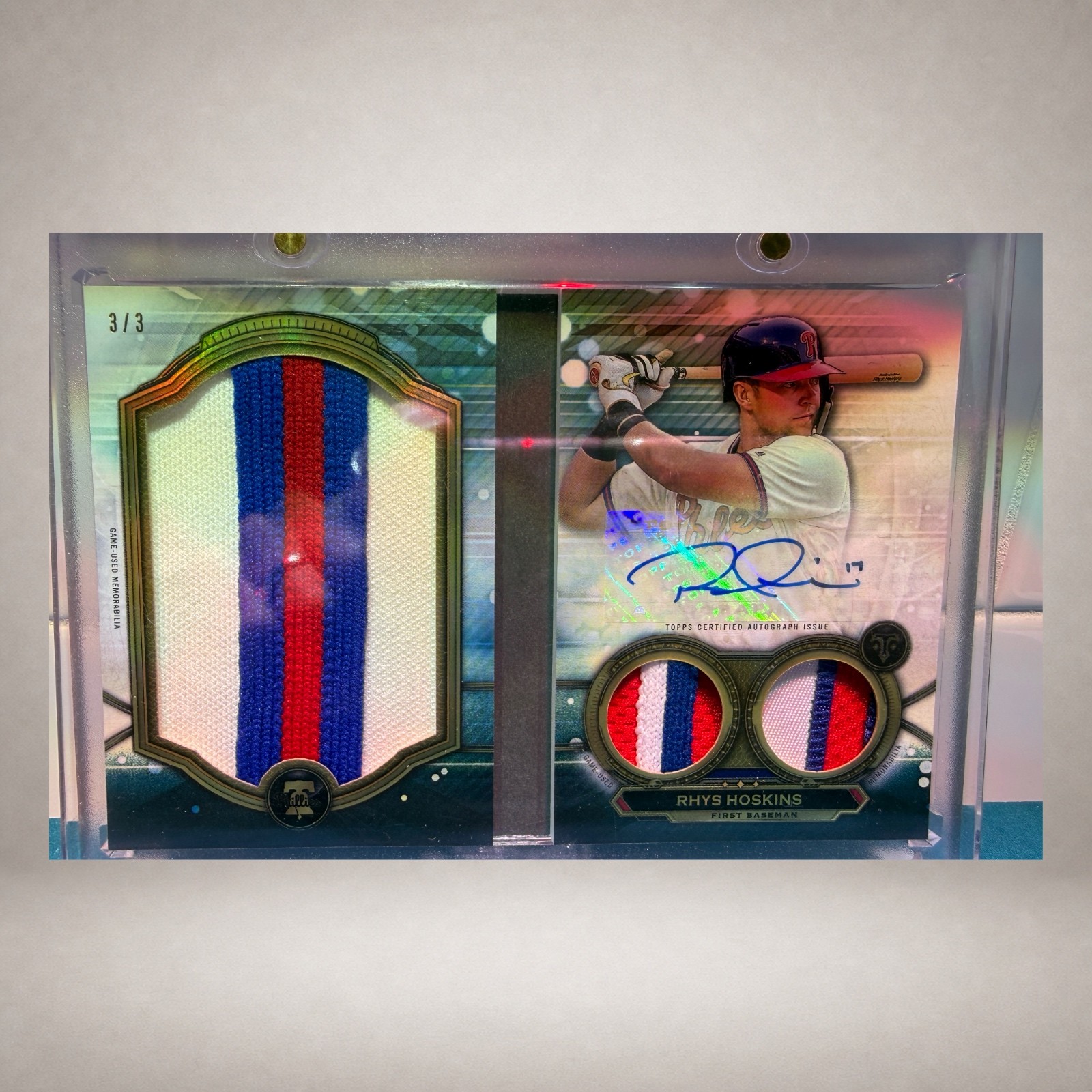Open Rhys Hoskins Topps Triple Threads autograph relic booklet numbered 3 of 3