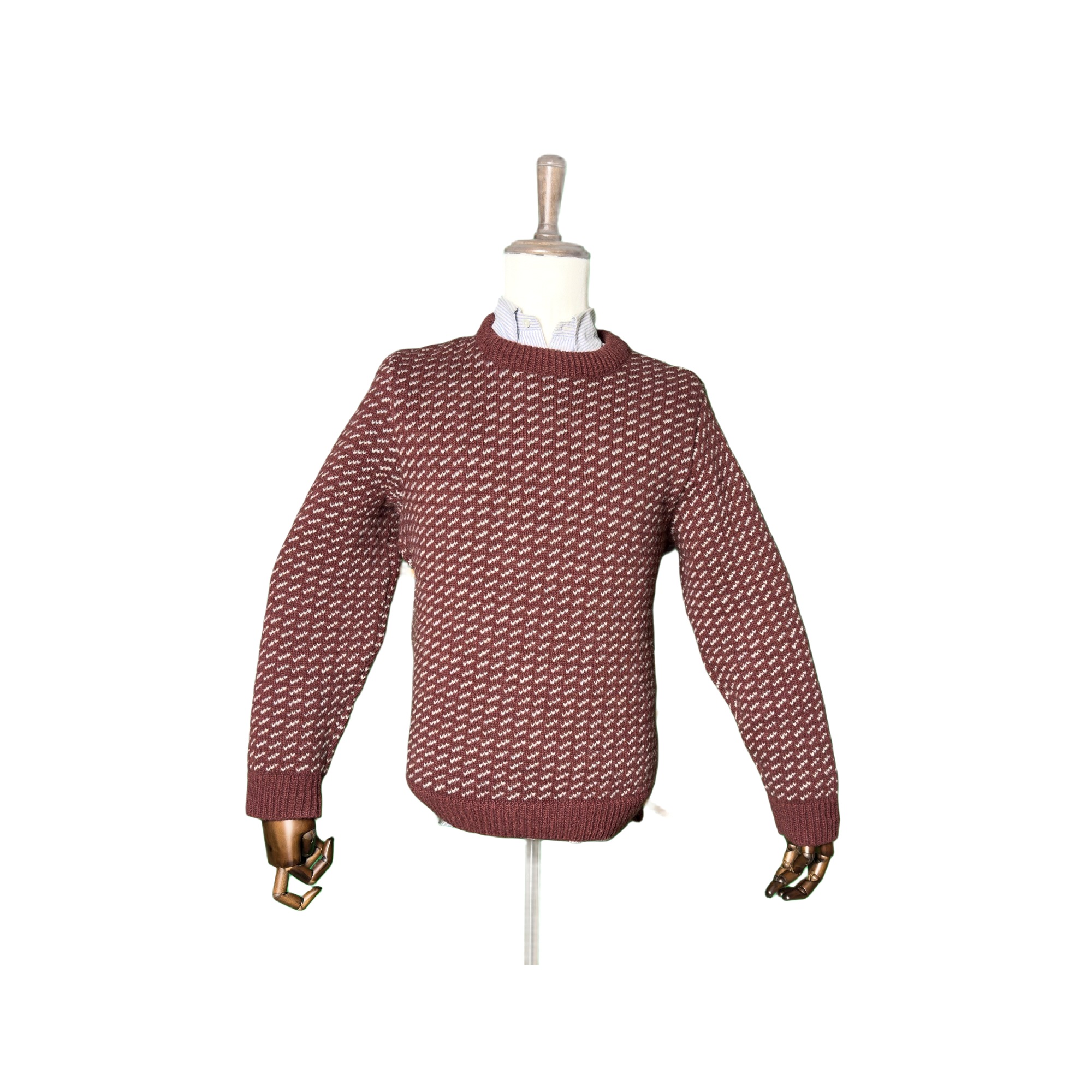 Burgundy and khaki L.L.Bean birdseye lambswool sweater displayed on a dress form